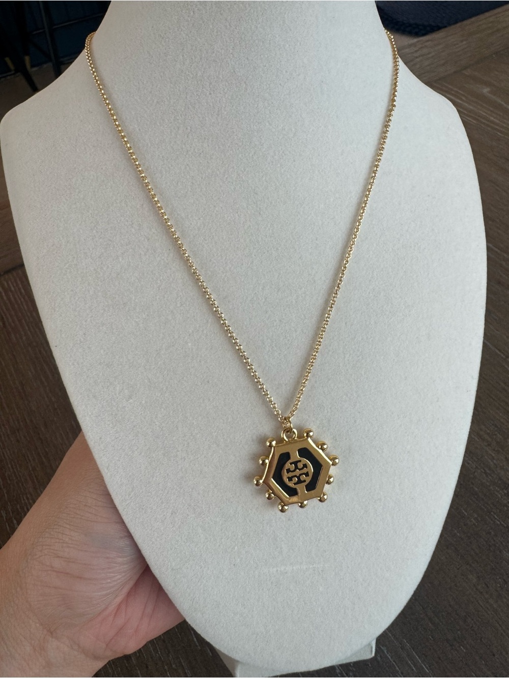 Tory Burch Gold Hexagon Logo Pendant Necklace
